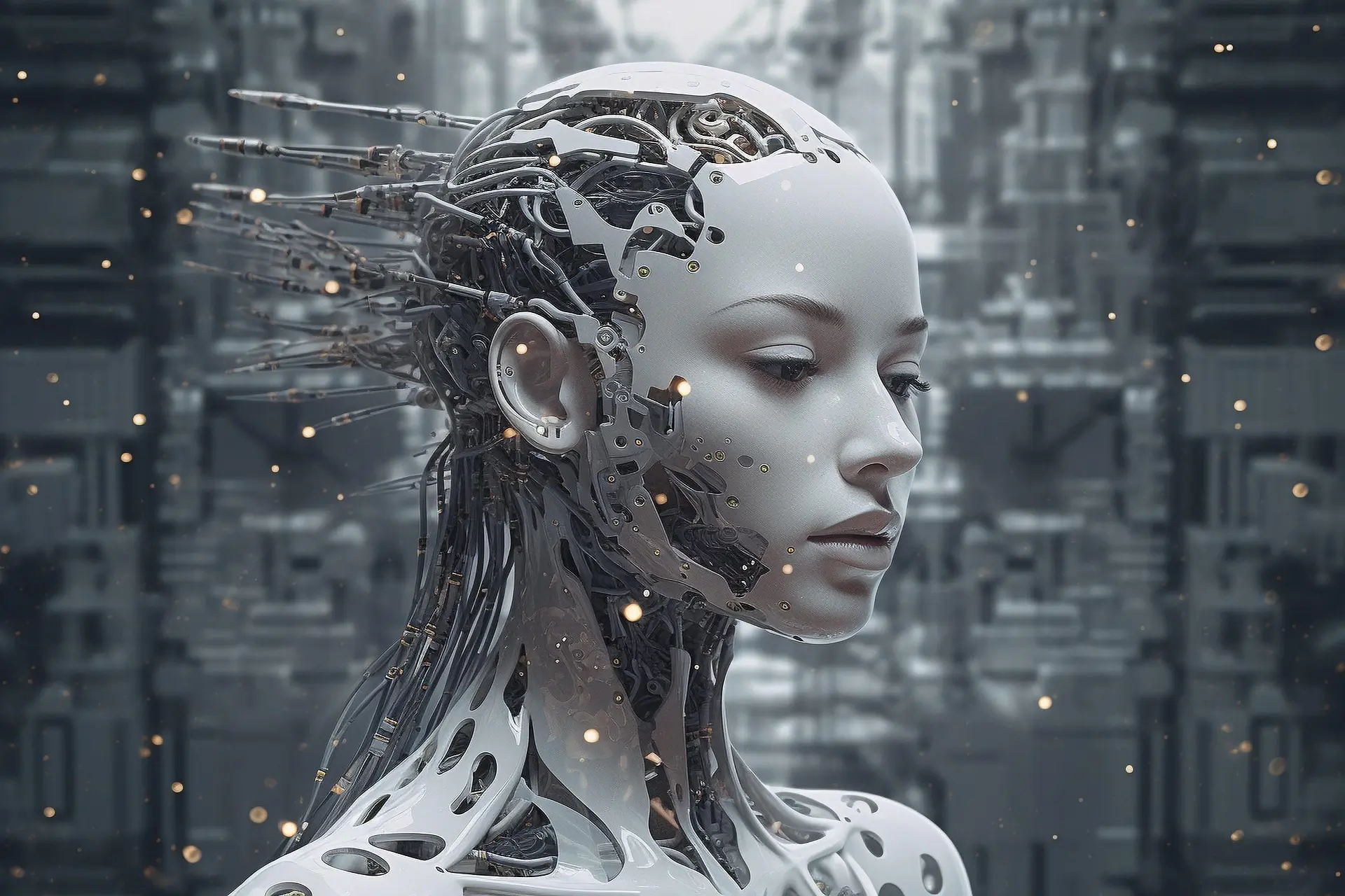 AI Consulting Guide 2025 Strategy, Use Cases, Data, MLOps, Governance and ROI headshot of a female robot