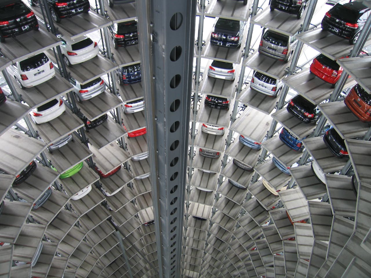 Vehicles parked inside elevated garage