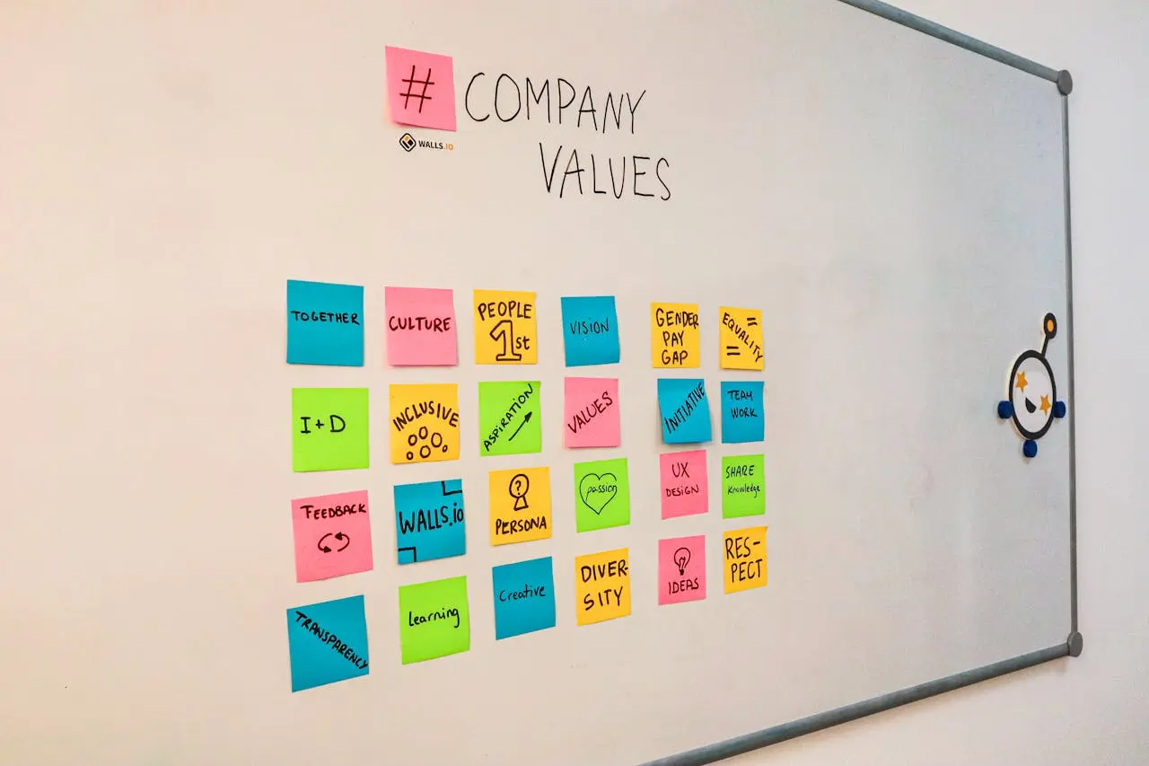 Whiteboard with sticky notes showing "Company Values"