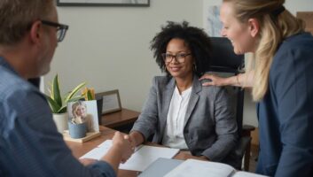 Management consultants meeting with company leaders to review strategy and operations